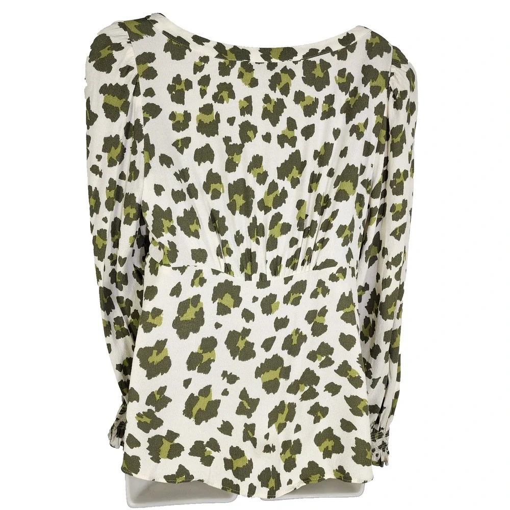 LOFT Women’s Blouse Small Ivory Green Cheetah Print Smocked Cuff Square Neck